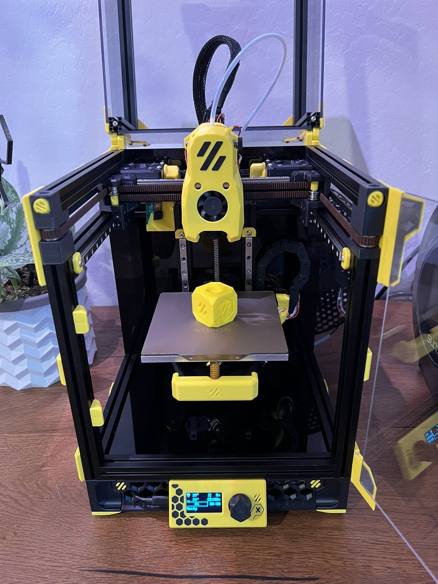 Voron 0 printer with enclosure open showing internal components