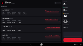 Churned home screen on the bike's head unit, with ride history cards and a live metrics sidebar