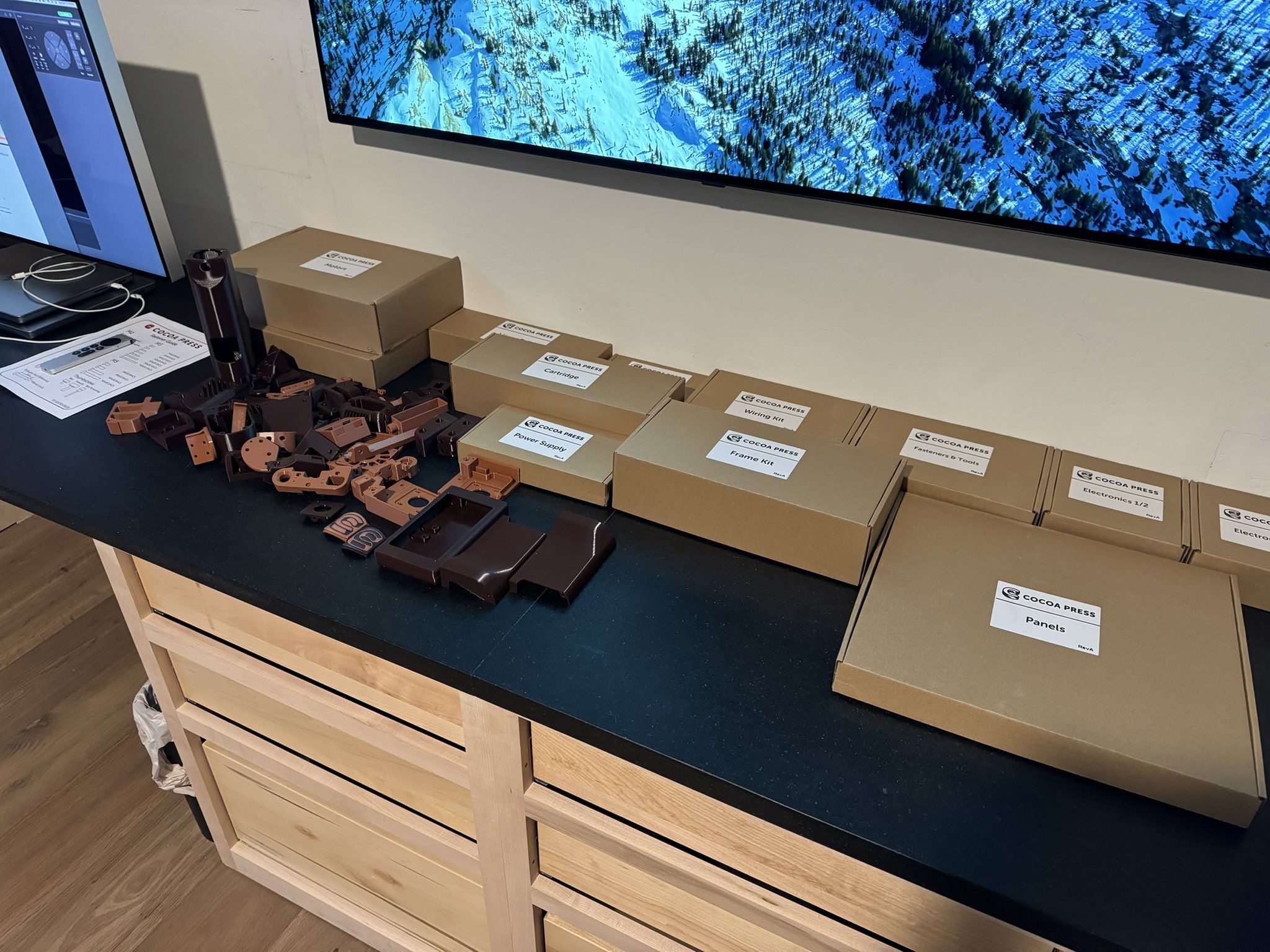 Cocoa Press kit parts organized and ready for assembly